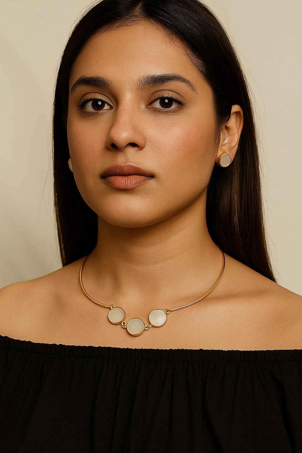 Golden Choker Necklace with Pearl  and Pearl  Earrings Set