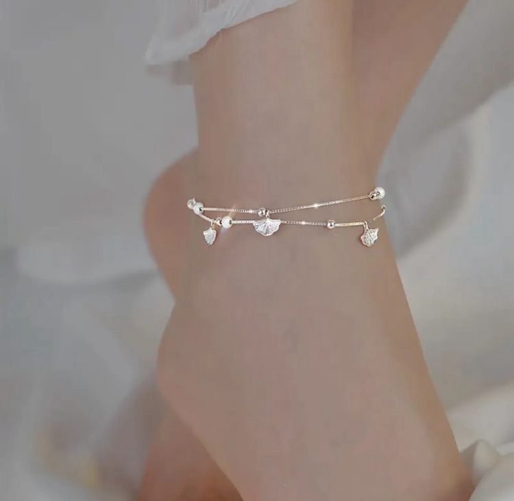 Dainty Silver Beaded Anklet with Ginkgo Charms