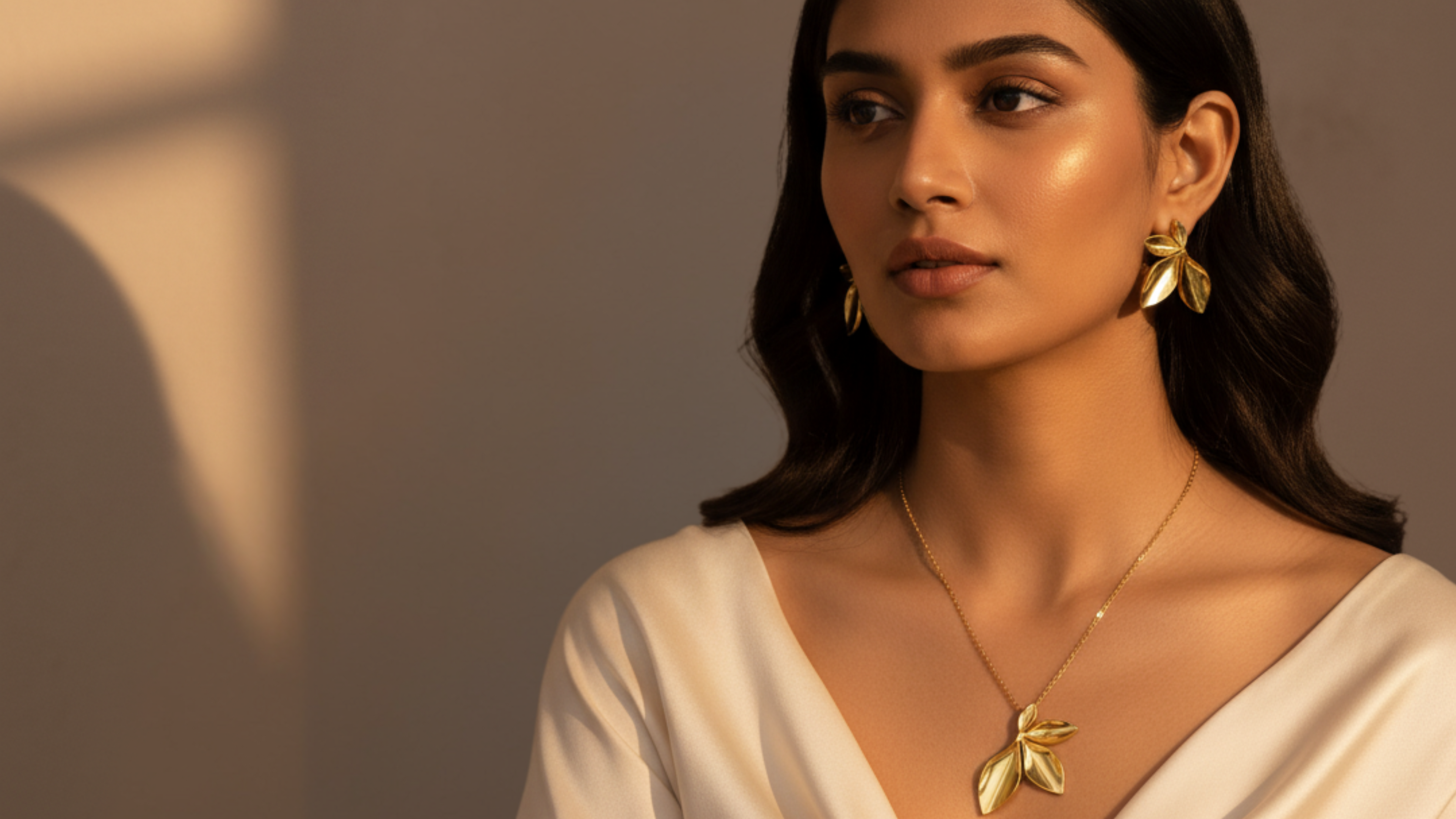 Woman wearing gold jewelry against a neutral background