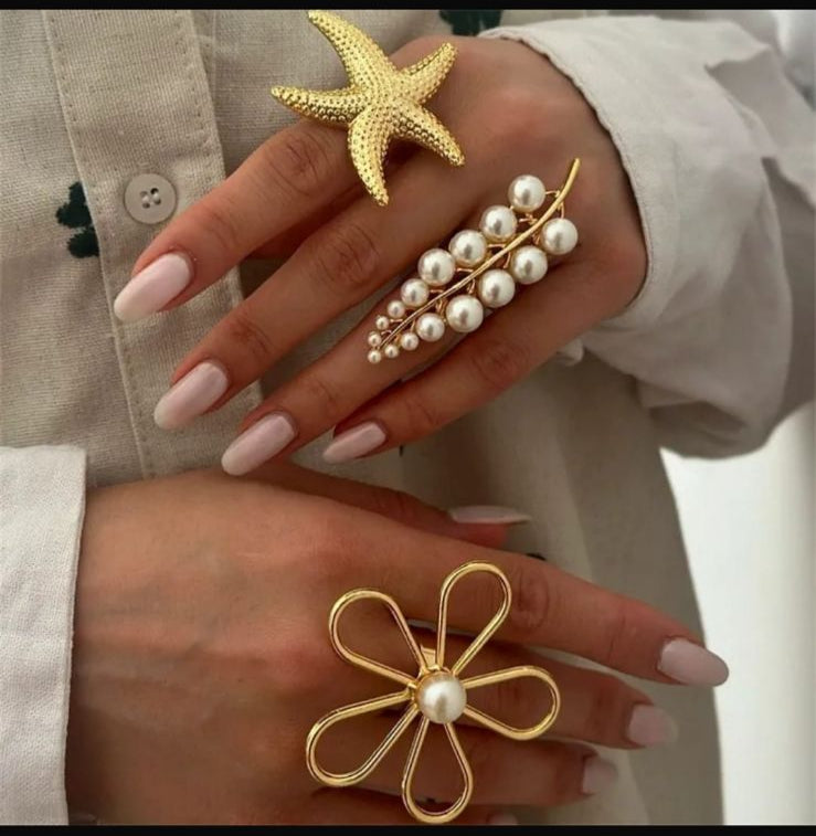 Ocean & Bloom Inspired Gold Pearl Ring Set – Starfish, Floral & Cluster Design