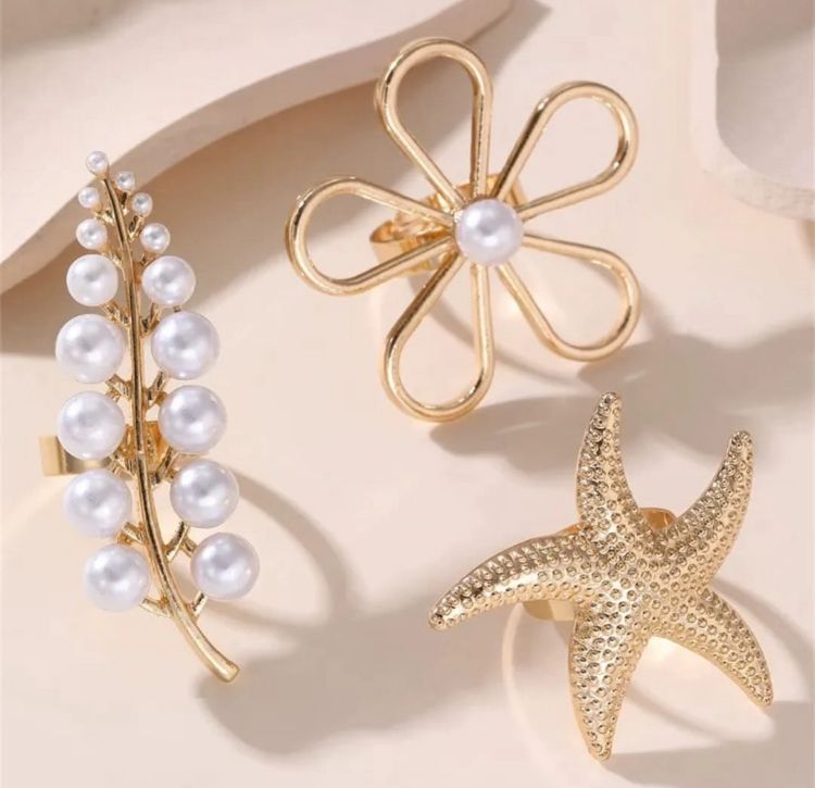 Ocean & Bloom Inspired Gold Pearl Ring Set – Starfish, Floral & Cluster Design