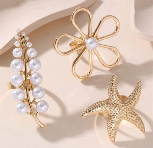 Ocean & Bloom Inspired Gold Pearl Ring Set – Starfish, Floral & Cluster Design