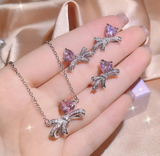 Silver-Plated Cubic Zirconia Bow and Heart Necklace and Earring Set