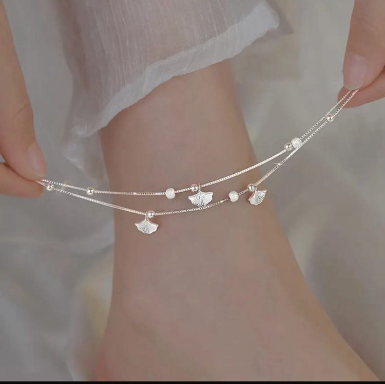 Dainty Silver Beaded Anklet with Ginkgo Charms