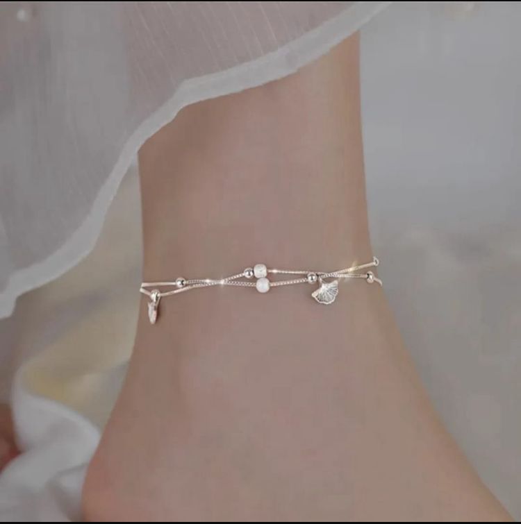 Dainty Silver Beaded Anklet with Ginkgo Charms