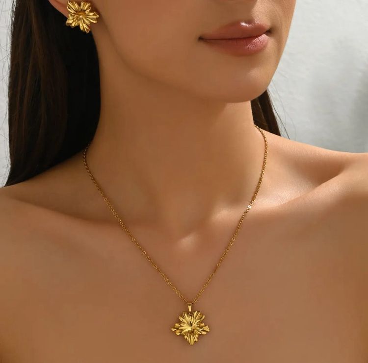 Gold Flower Necklace and Earrings Set - Elegant Floral Jewelry
