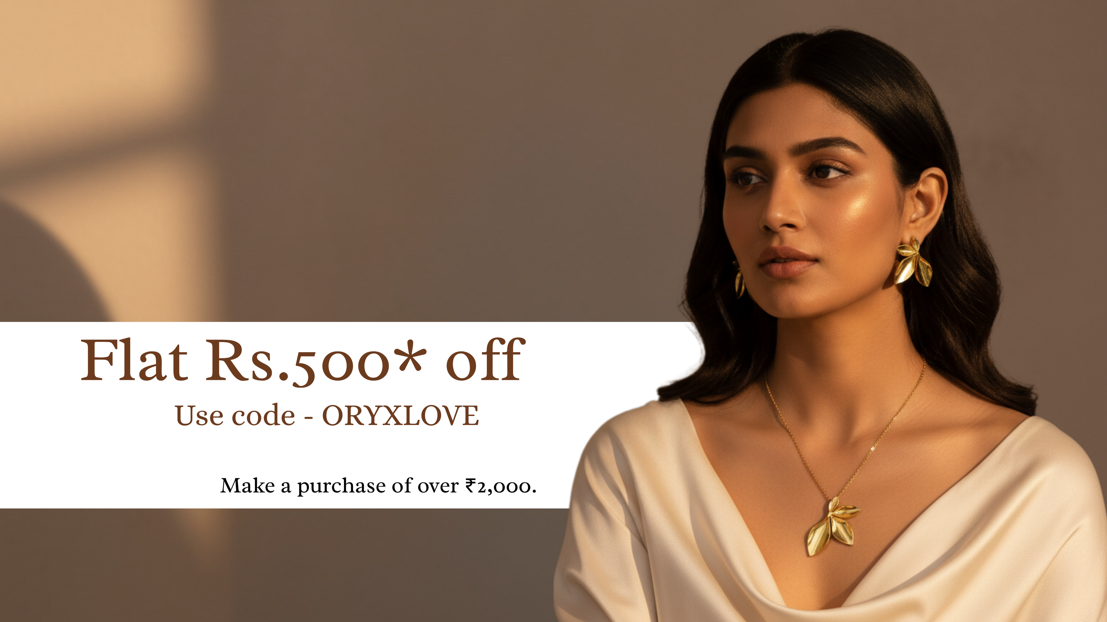 Woman wearing gold jewelry with a promotional banner for a discount offer.